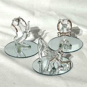 3 Weiner Dog Dachshund Figurines Hand Blown Clear Glass Gold Trim - Gift